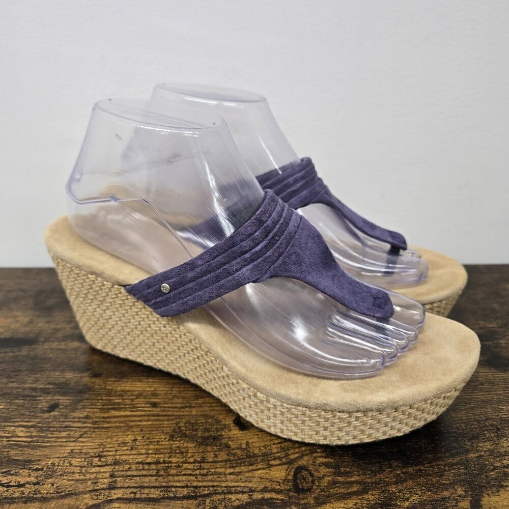 UGG Zamora Folded Suede Rafia Wedge Thong Sandals Women's Size 9 Purple